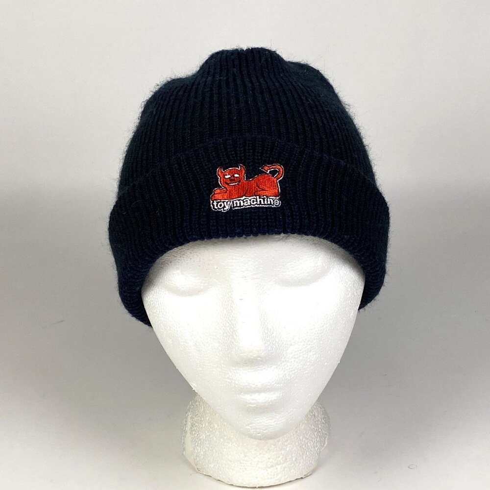 Vintage Toy Machine Devil Cat Embroidered Black Beanie Hat Cap Acrylic